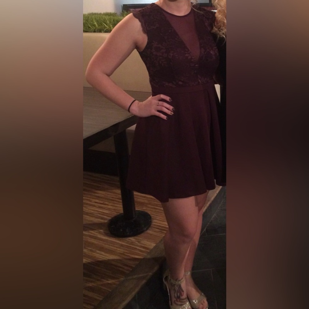 Dynamite Burgundy/Maroon Dress with Lace Overlay